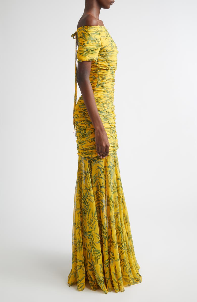 Carolina Herrera Olive Branch Off the Shoulder Silk Ruched Gown, Alternate, color, Daffodil/ Multi