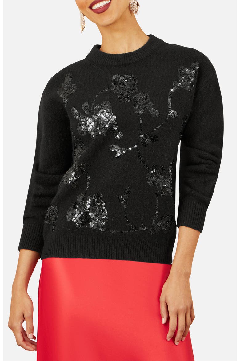 Relaxed Fit Floral Sequin Sweater, Alternate, color, Black