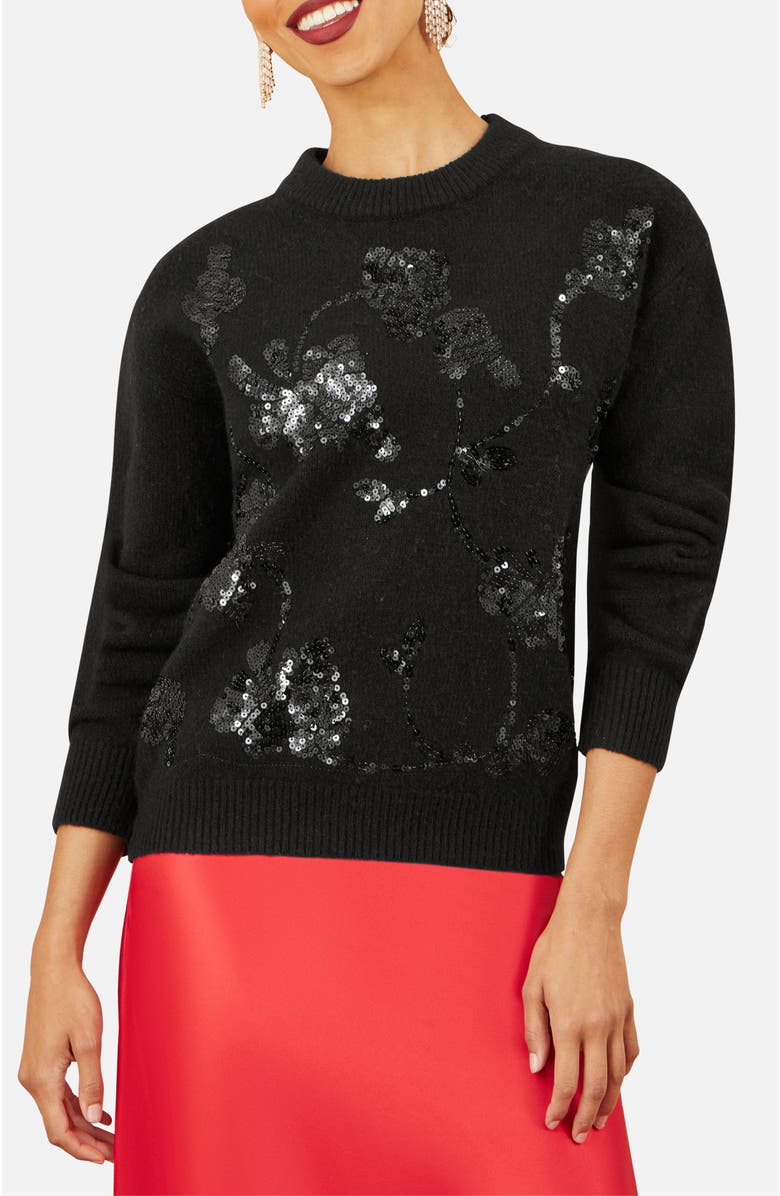 Yumi Relaxed Fit Floral Sequin Sweater, Alternate, color, Black
