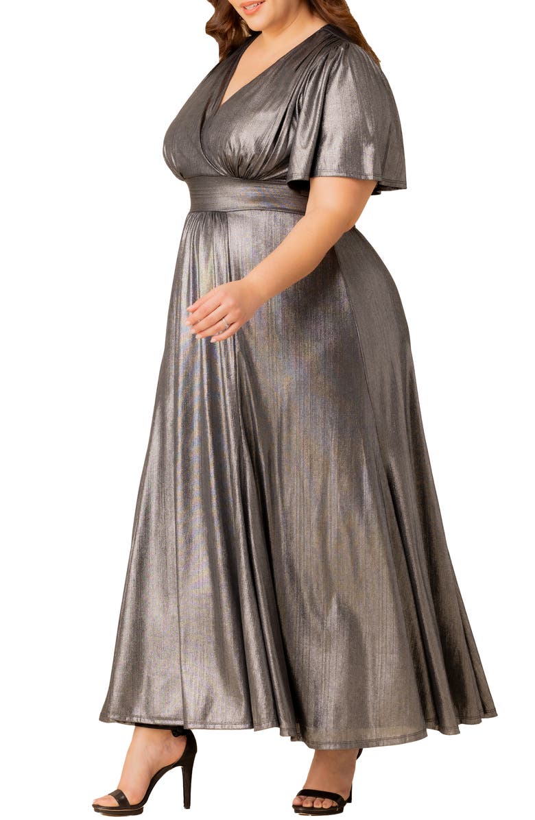 Kiyonna Evania Metallic Flutter Sleeve Gown, Alternate, color, Pewter
