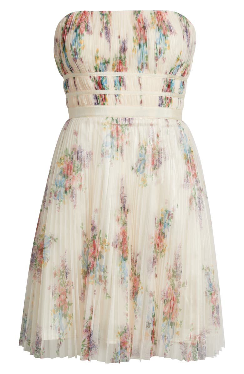 Lulus Calais Pleated Strapless Cocktail Minidress, Alternate, color, Ivory Floral