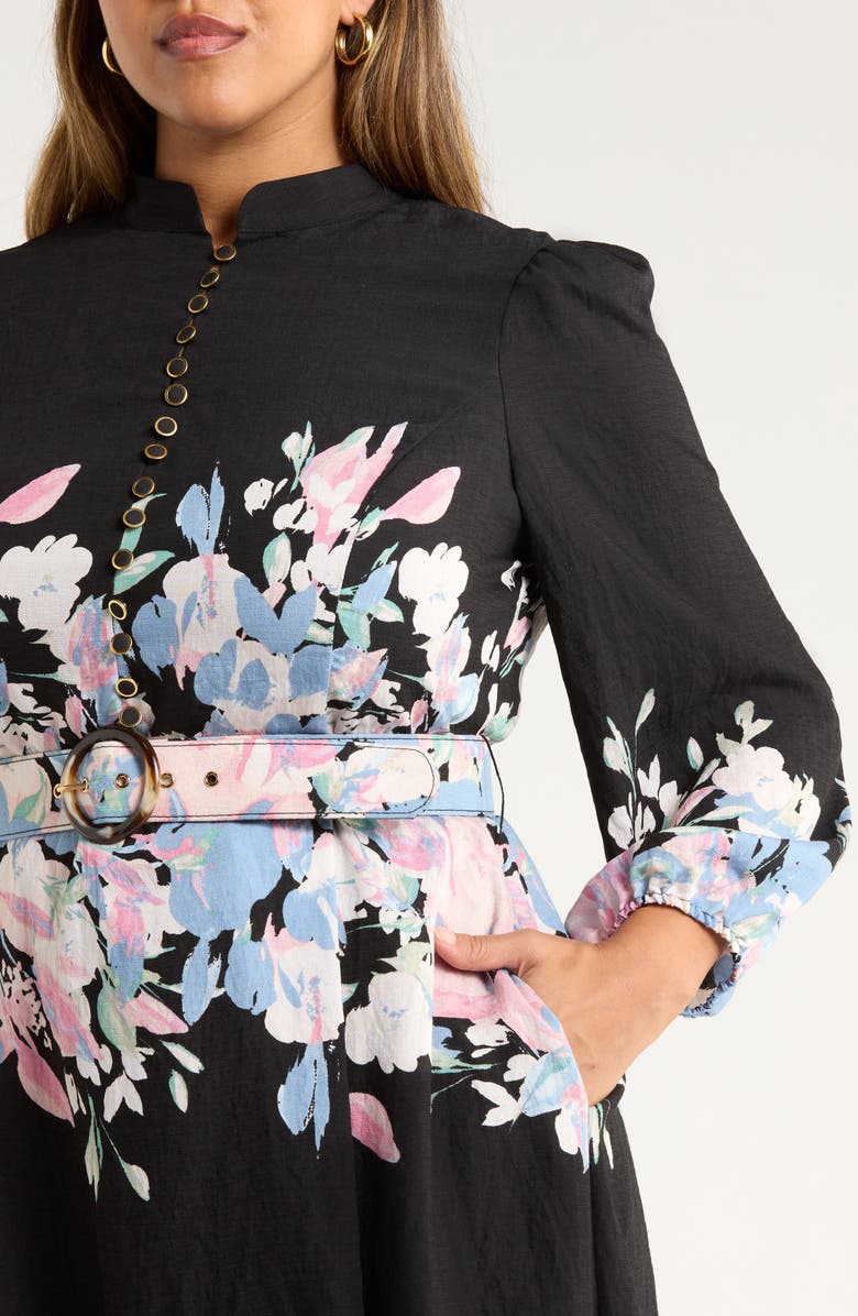 Tahari ASL Print Belted Long Sleeve Dress, Alternate, color, Black Blue Pink