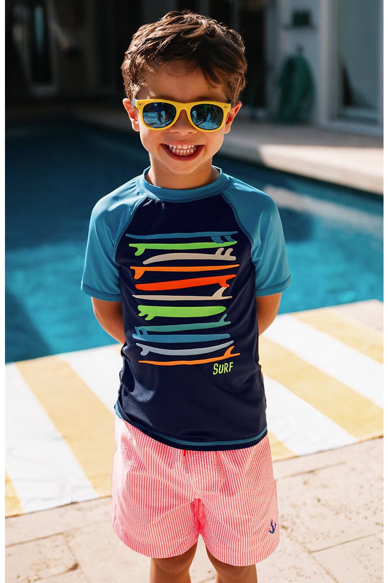 Boys Chlorine Resistant Seersucker Swim Trunks with Mesh Liner, Alternate, color, Coral Stripe