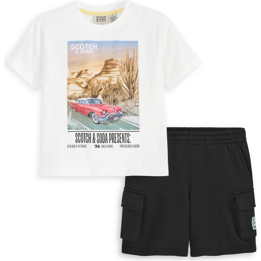 Scotch & Soda Kids' Cadillac Jersey Graphic T-shirt & Fleece Shorts Set In White