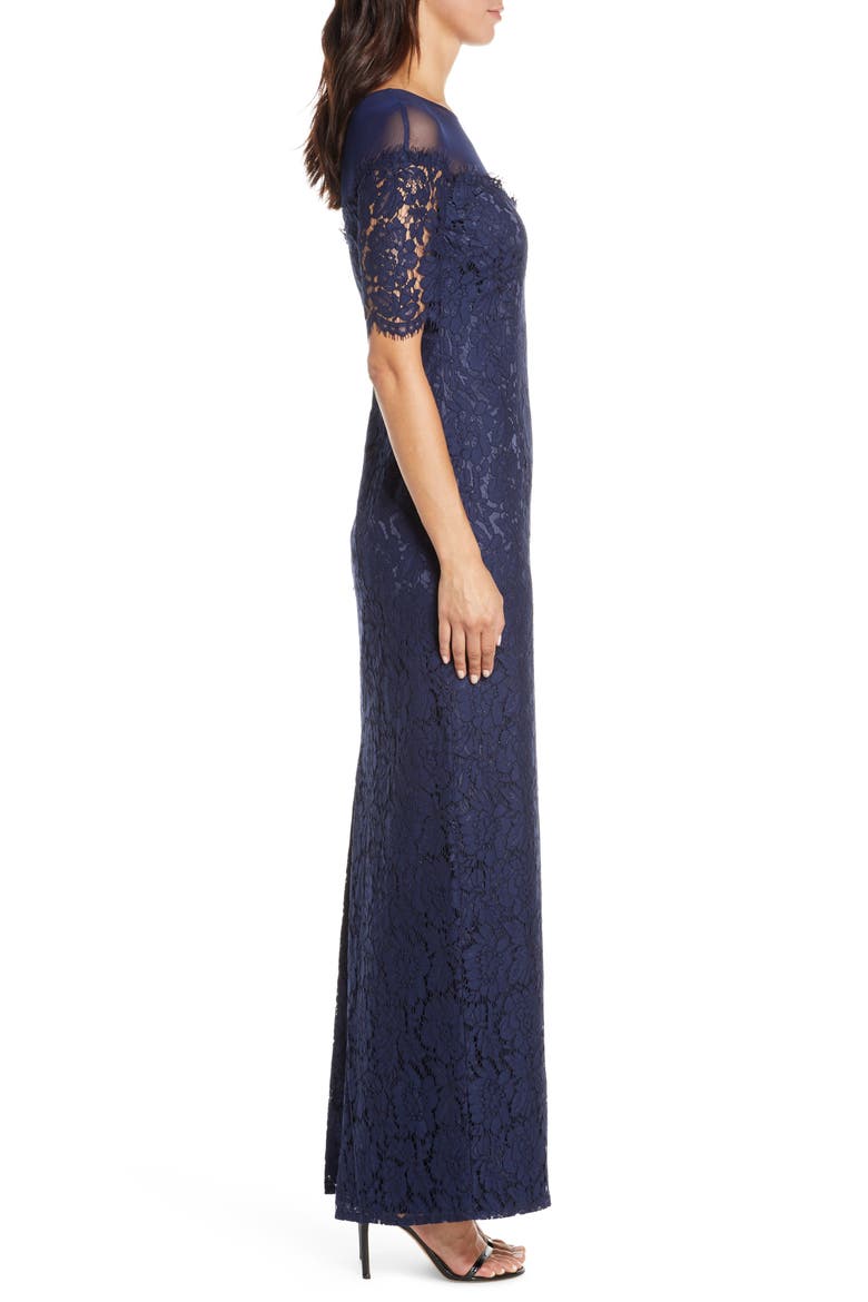 Illusion Top Lace Evening Gown, Alternate, color, NAVY