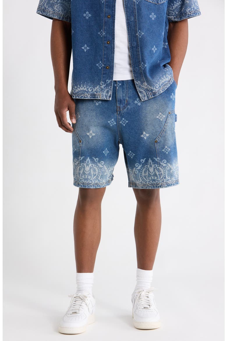Laser Print Denim Shorts, Main, color, MID BLUE