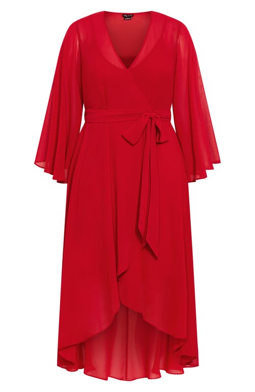 City Chic Fleetwood Long Sleeve Chiffon Wrap Dress In Red