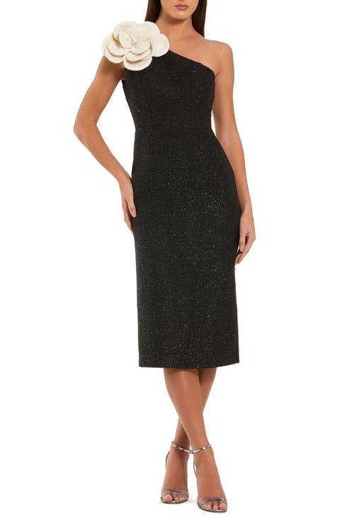 Mac Duggal One Shoulder Boucle Midi Dress With 3d Flower In Black