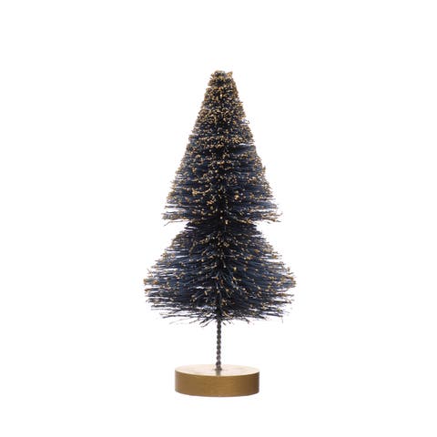Tall Sisal Bottle Brush Tree with Gold Glitter and Wood Base