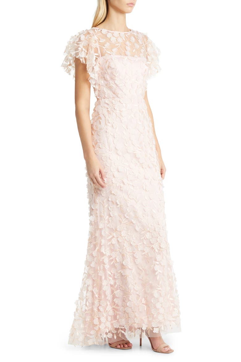 Floral 3D Embroidered Flutter Sleeve Gown, Alternate, color, BLUSH