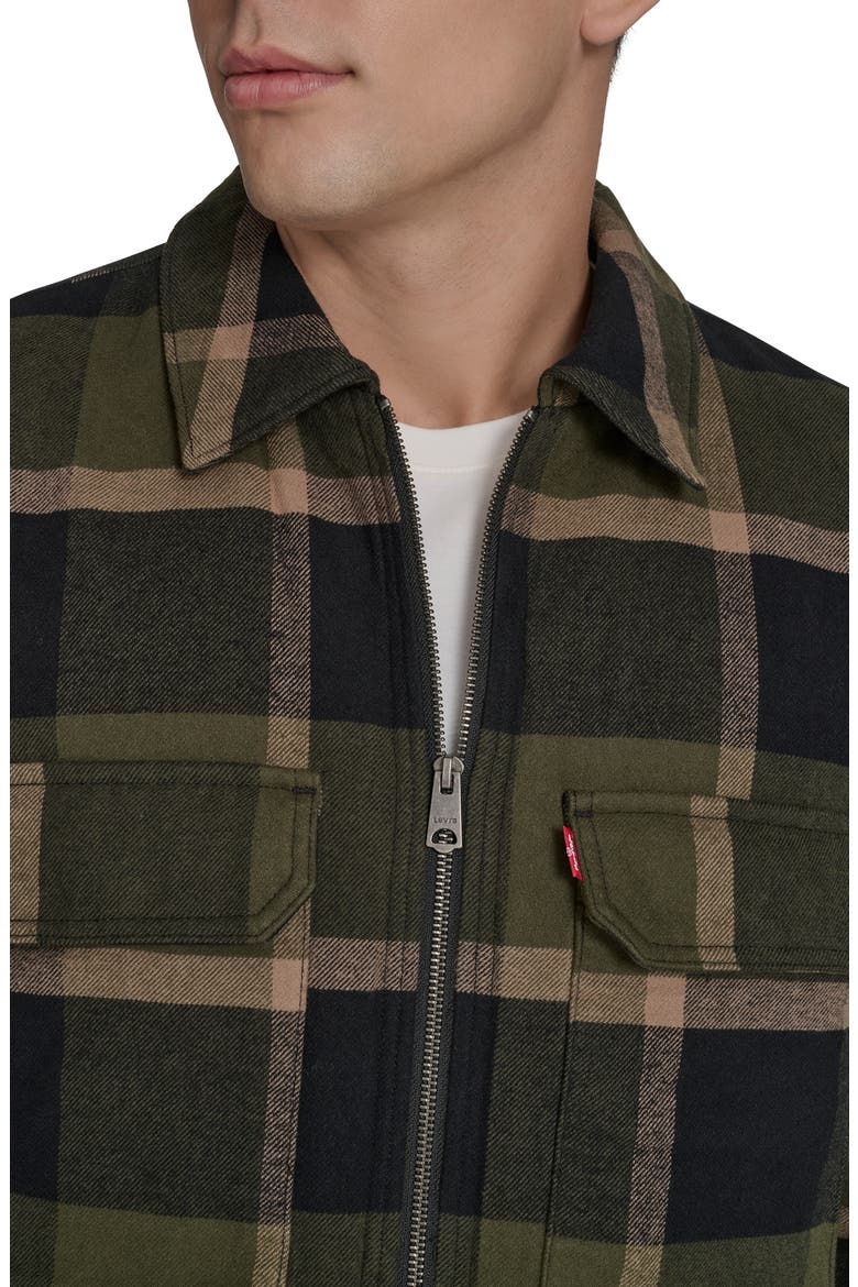 Insulated Plaid Cotton Flannel Zip-Up Shirt Jacket, Alternate, color, OLIVE/ BLACK