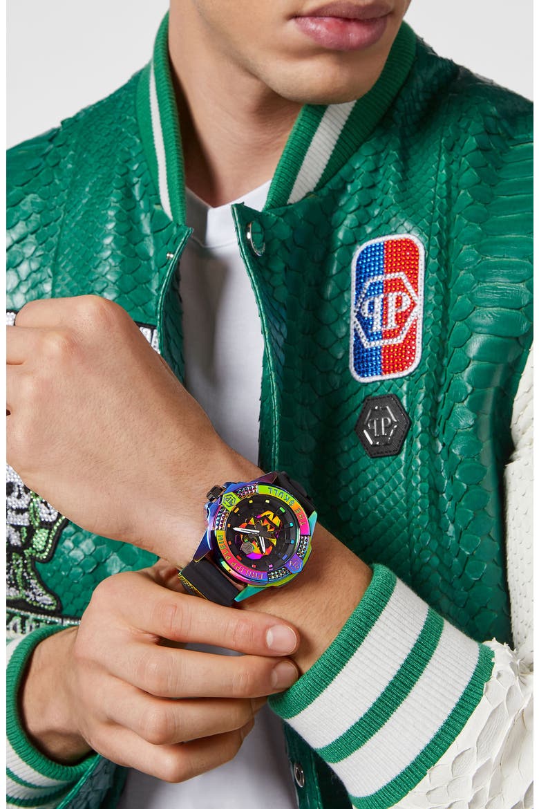 The Skull Silicone Strap Watch, 44mm, Alternate, color, IP RAINBOW