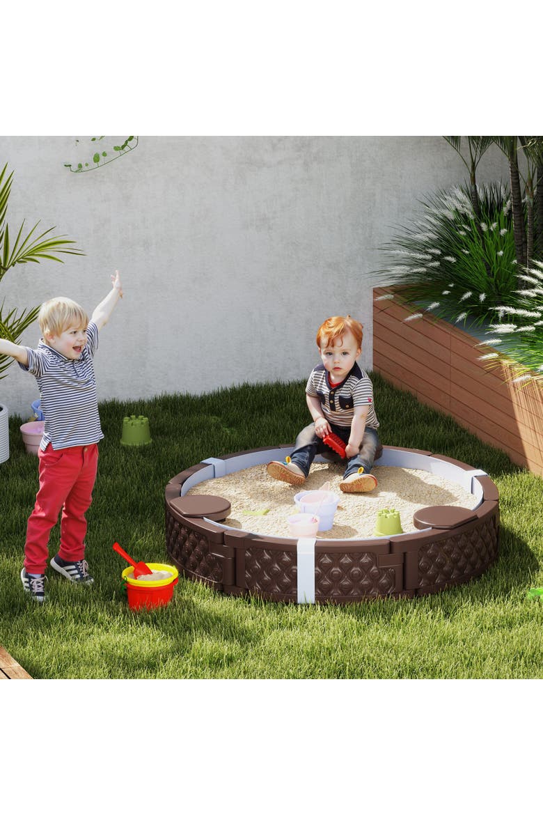 Kids Sandbox with Cover, Built-in Seating & Bottom Liner, Alternate, color, Brown