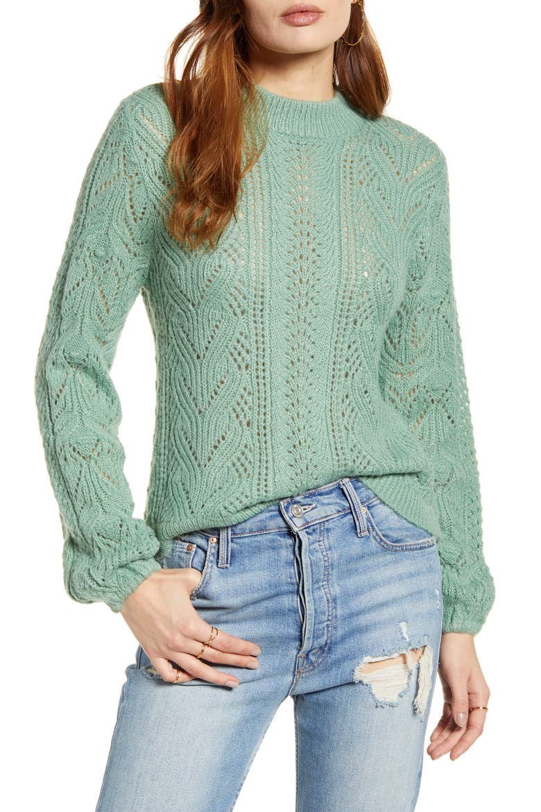 Cozy Pointelle Blouson Sleeve Sweater, Main, color, GREEN WING