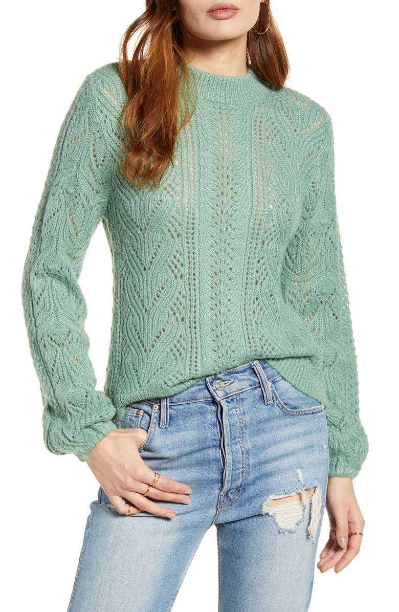 Leith Cozy Pointelle Blouson Sleeve Sweater, Main, color,