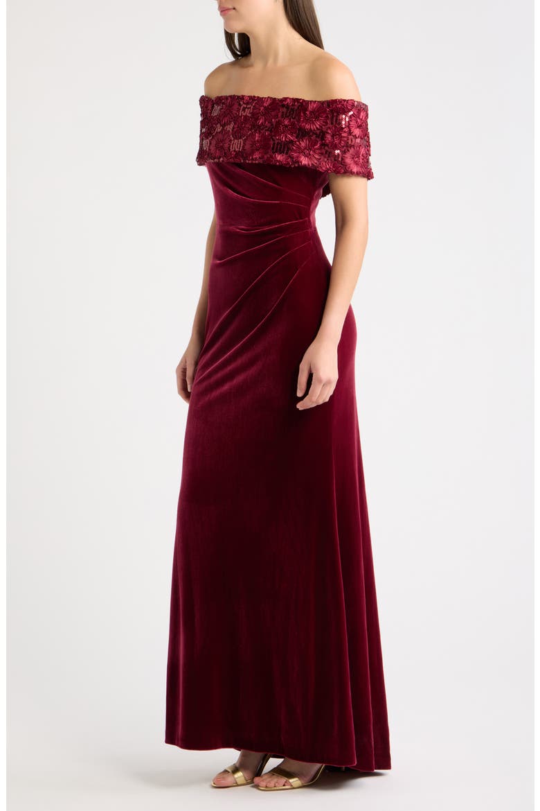 Velvet Off the Shoulder Gown, Alternate, color, WINE