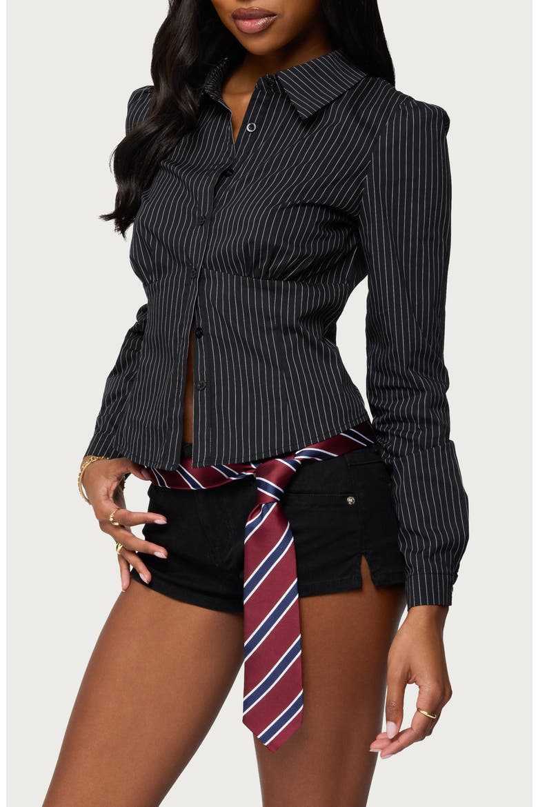 Tailored Pinstripe Button-Up Shirt, Alternate, color, BLACK