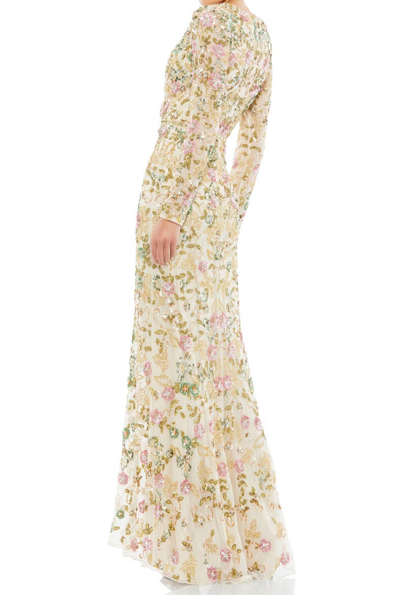 Floral Sequin Long Sleeve Trumpet Gown, Alternate, color, NUDE MULTI