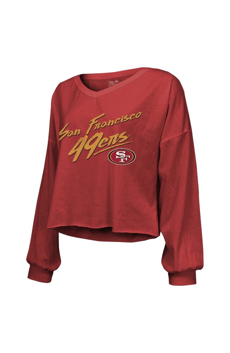 Majestic Threads Women's Majestic Threads Brock Purdy Scarlet San Francisco 49ers Name & Number Off-Shoulder Script Cropped Long Sleeve V-Neck T-Shirt, Alternate, color, 