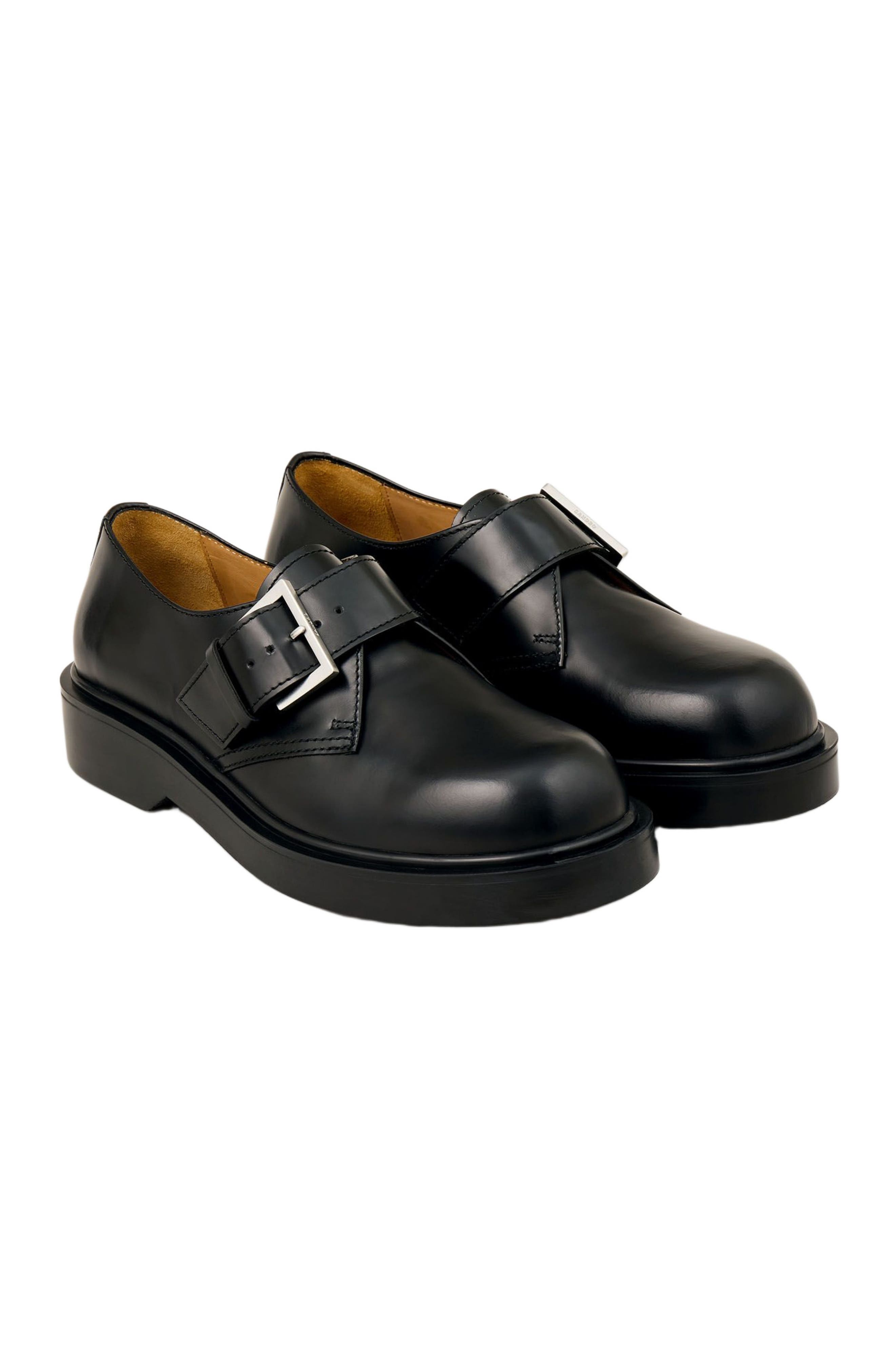 SANDRO Glazed leather derbies, Alternate, color, Black