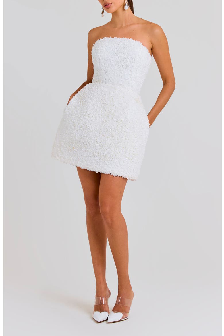 Maisy Floral Appliqué Strapless Minidress, Alternate, color, WHITE