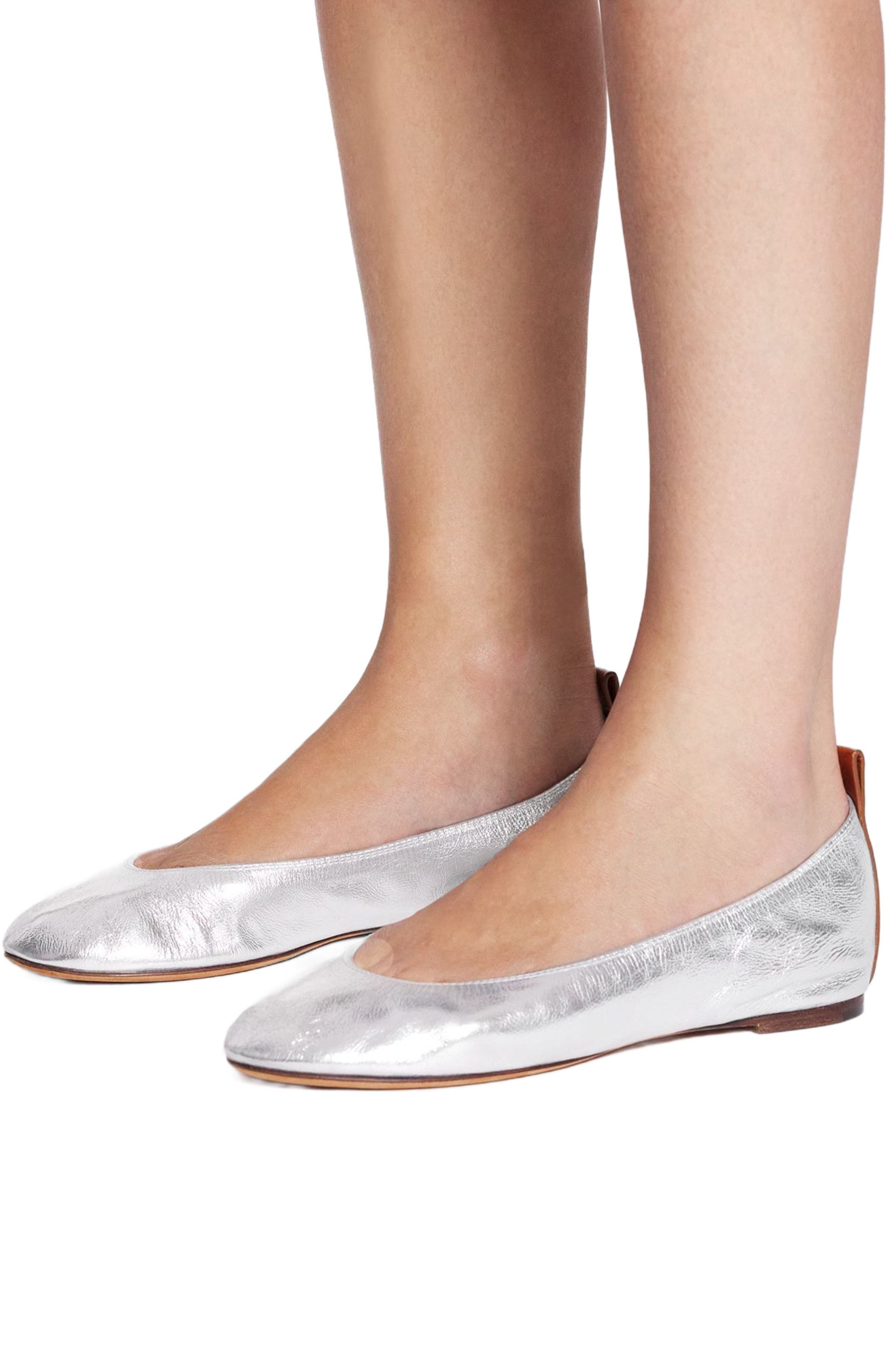 Lanvin THE BALLERINA FLAT IN METALLIC LEATHER, Alternate, color, Silver