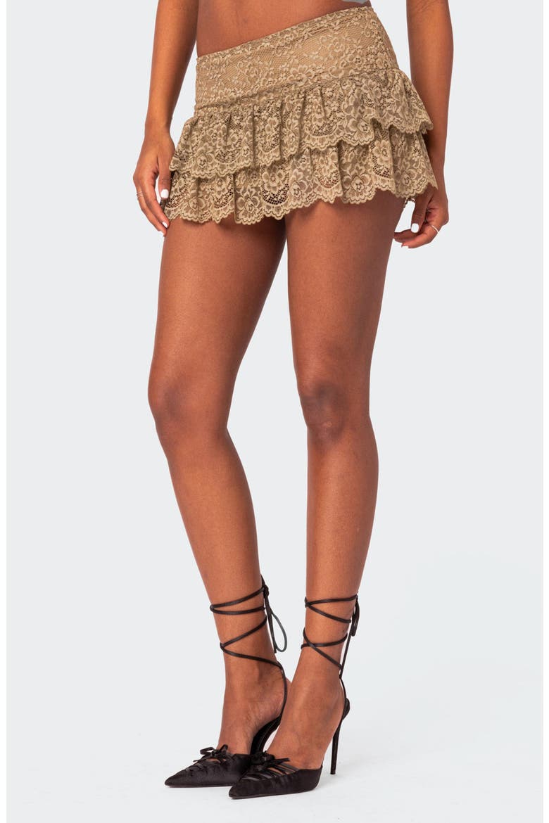 Low Rise Tiered Ruffle Stretch Lace Miniskirt, Alternate, color, OLIVE