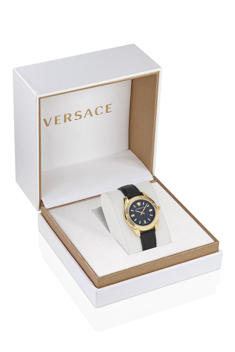 Greca Time Leather Strap Watch, 35mm, Alternate, color, IP YELLOW GOLD
