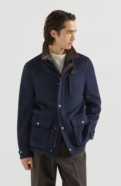 Virgin wool cloth field jacket with nappa leather inserts