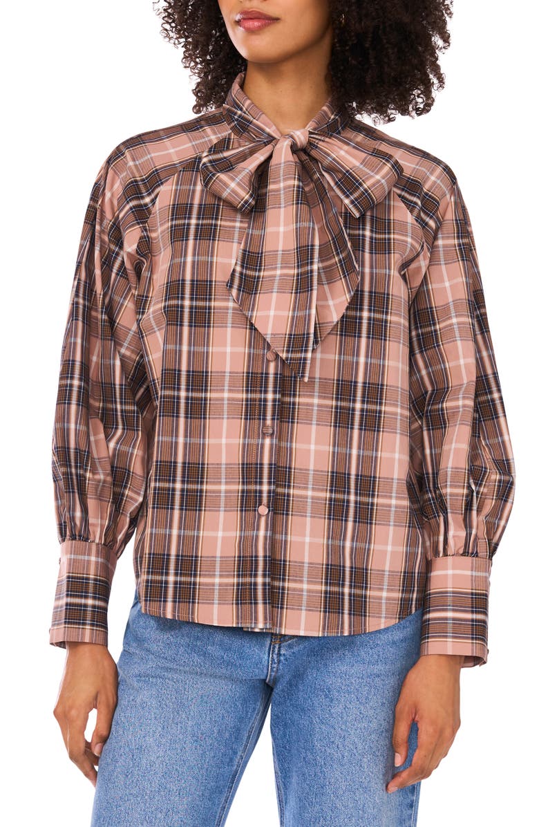 Halogen<sup>®</sup> Plaid Tie Neck Button-Up Shirt, Main, color, Roebuck
