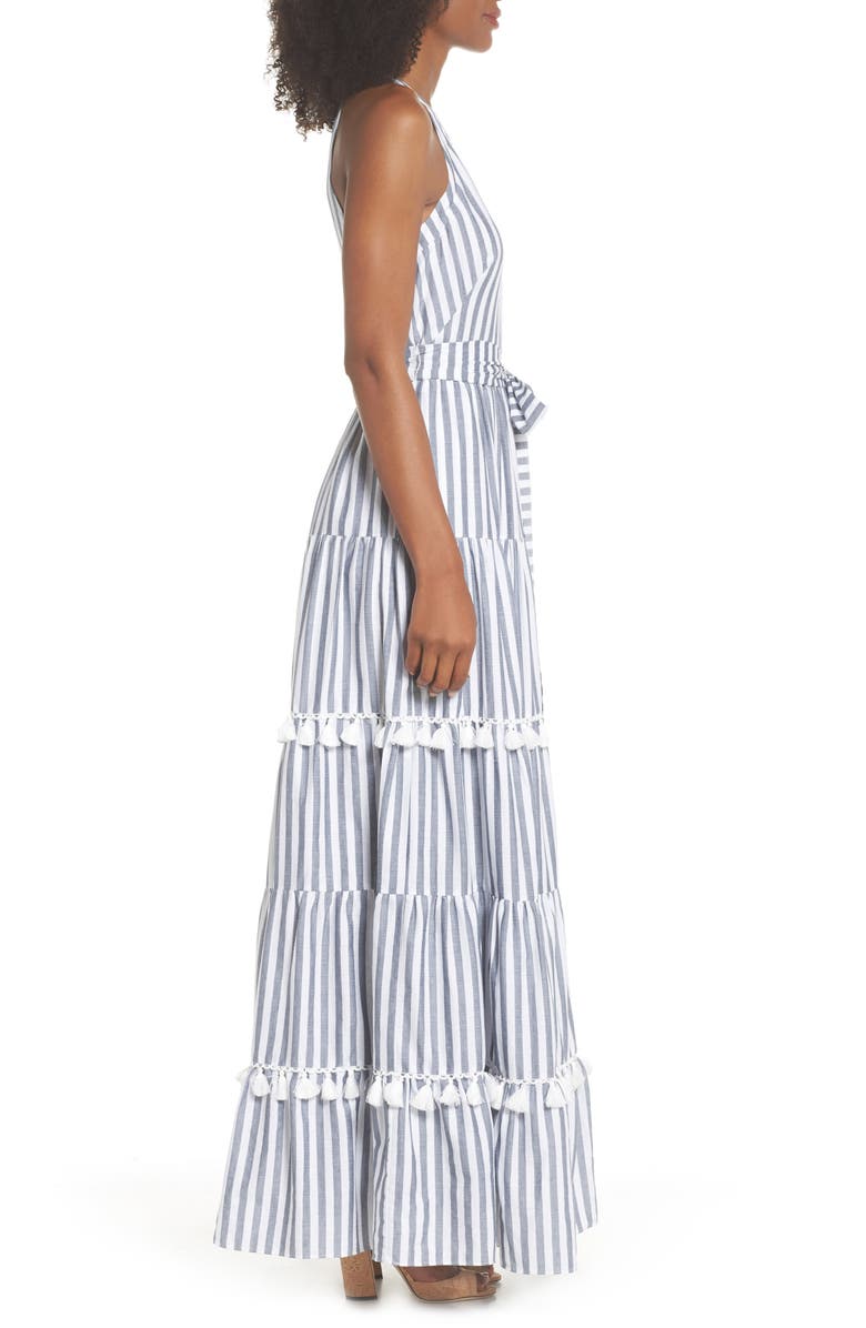 Eliza J Tiered Tassel Fringe Cotton Maxi Dress, Alternate, color, 