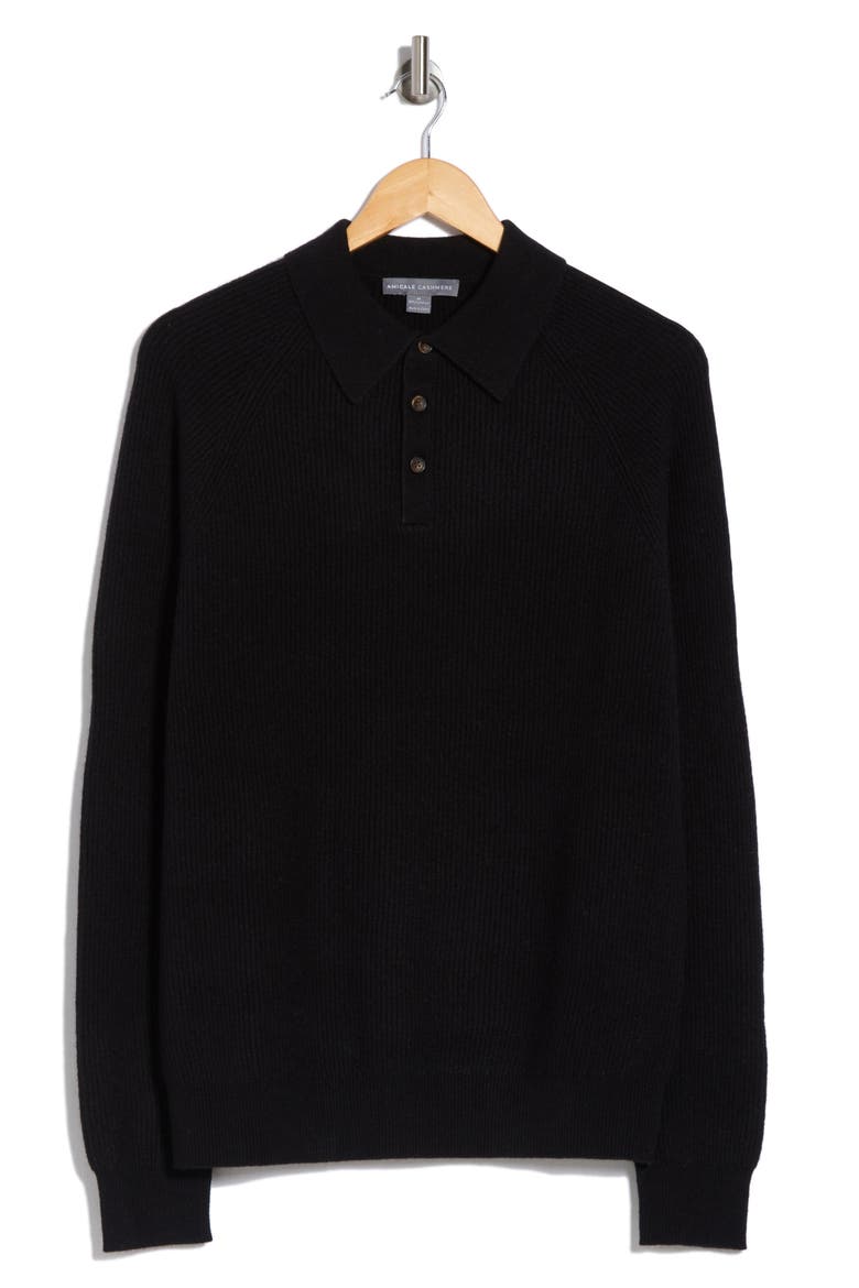 Rib Cashmere Polo Sweater, Alternate, color, BLK