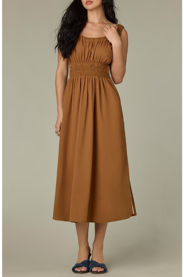 Smocked Waist Sleeveless Midi Dress, Main, color, BUTTER TOFFEE