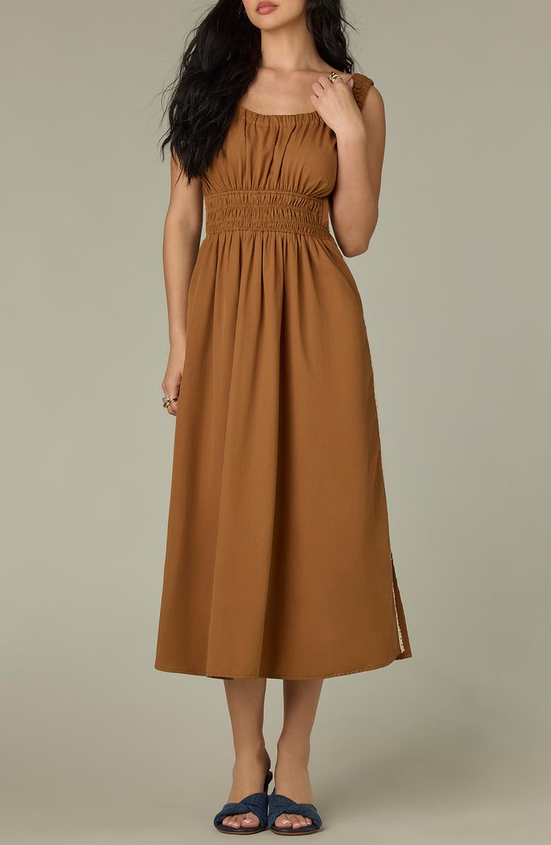 Wit & Wisdom Smocked Waist Sleeveless Midi Dress, Main, color, Butter Toffee
