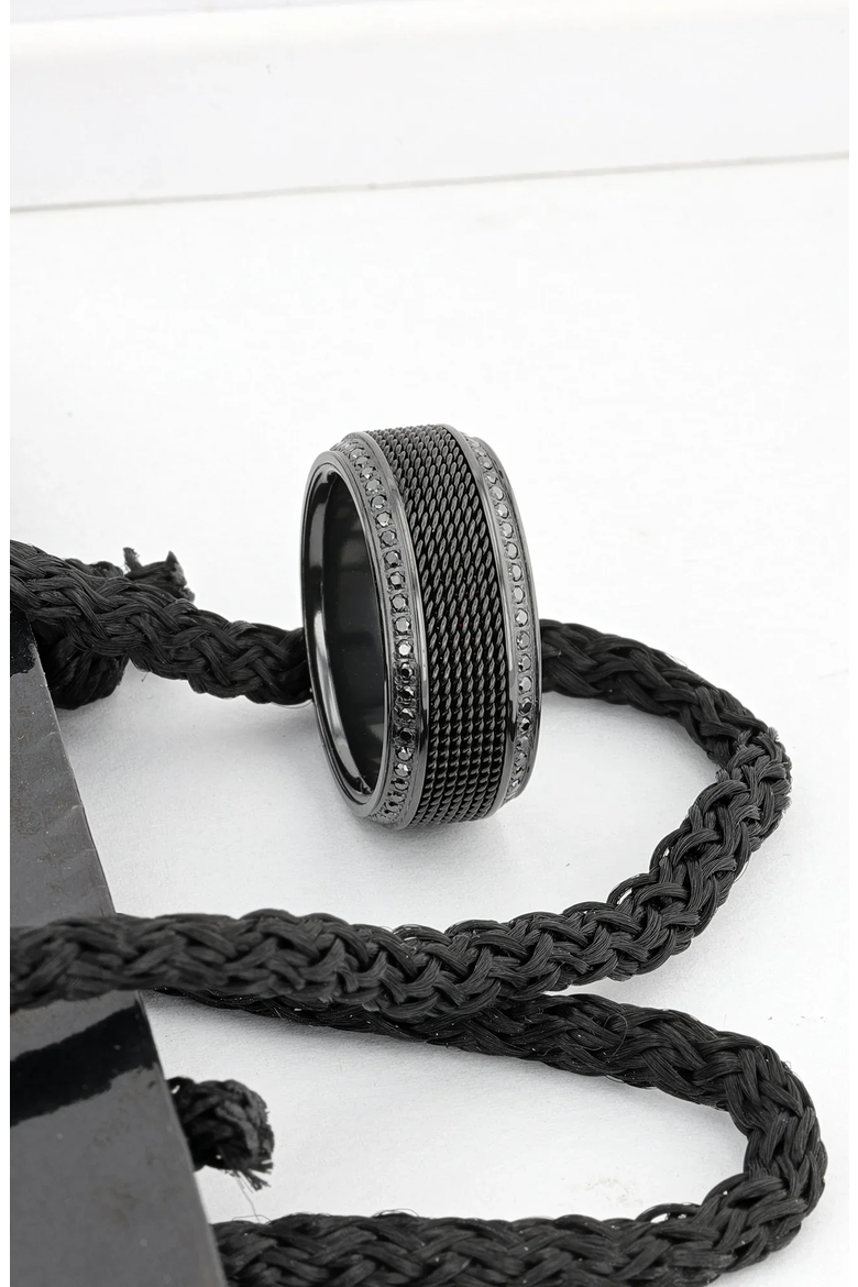 Steel Chain Titanium Wedding Ring Set With Round Diamonds, Alternate, color, Black Titanium 10mm