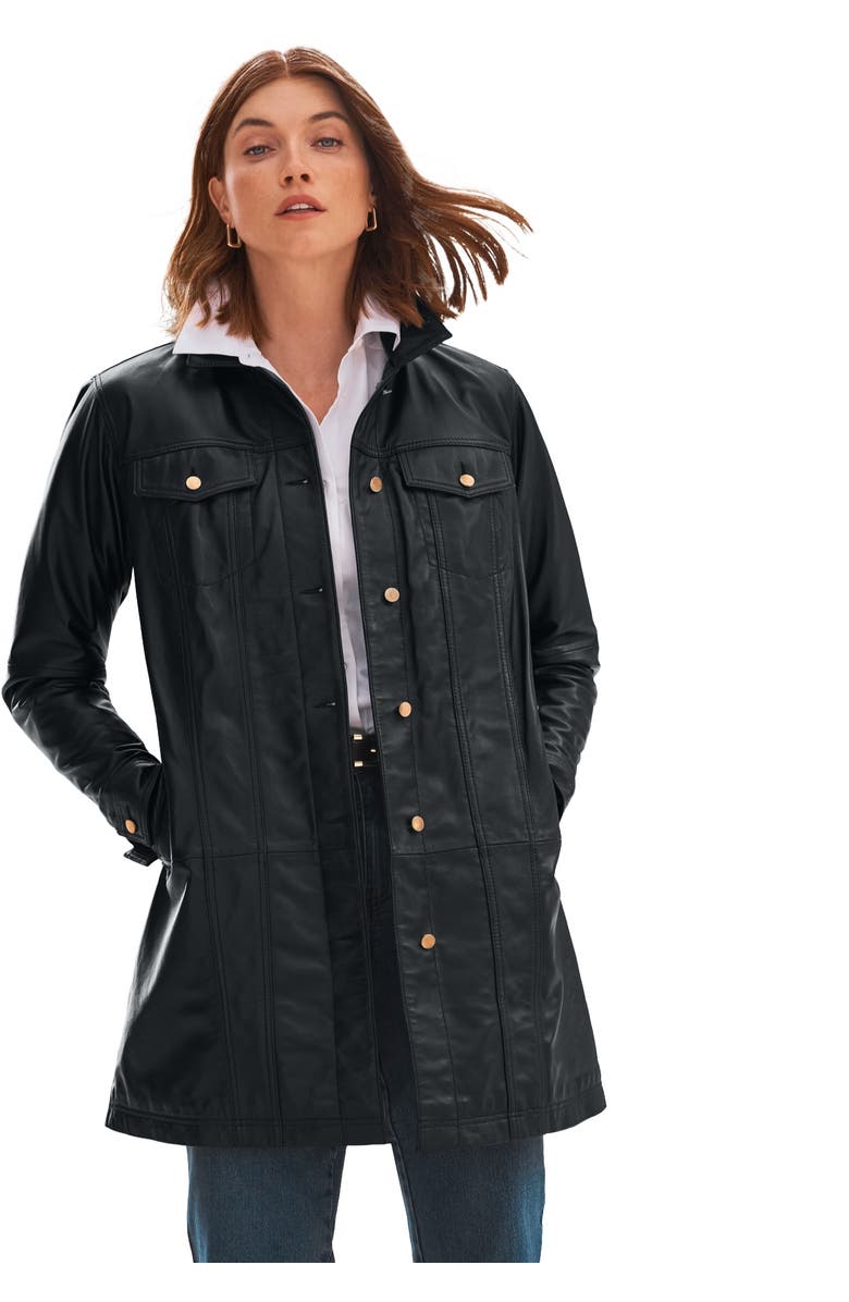 Jessica London Long Leather Jacket, Main, color, Black