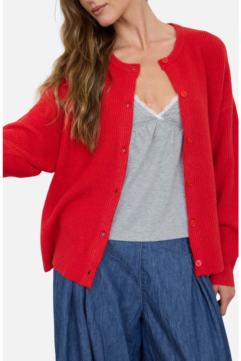 Ribbed Crewneck Cardigan, Alternate, color, RED