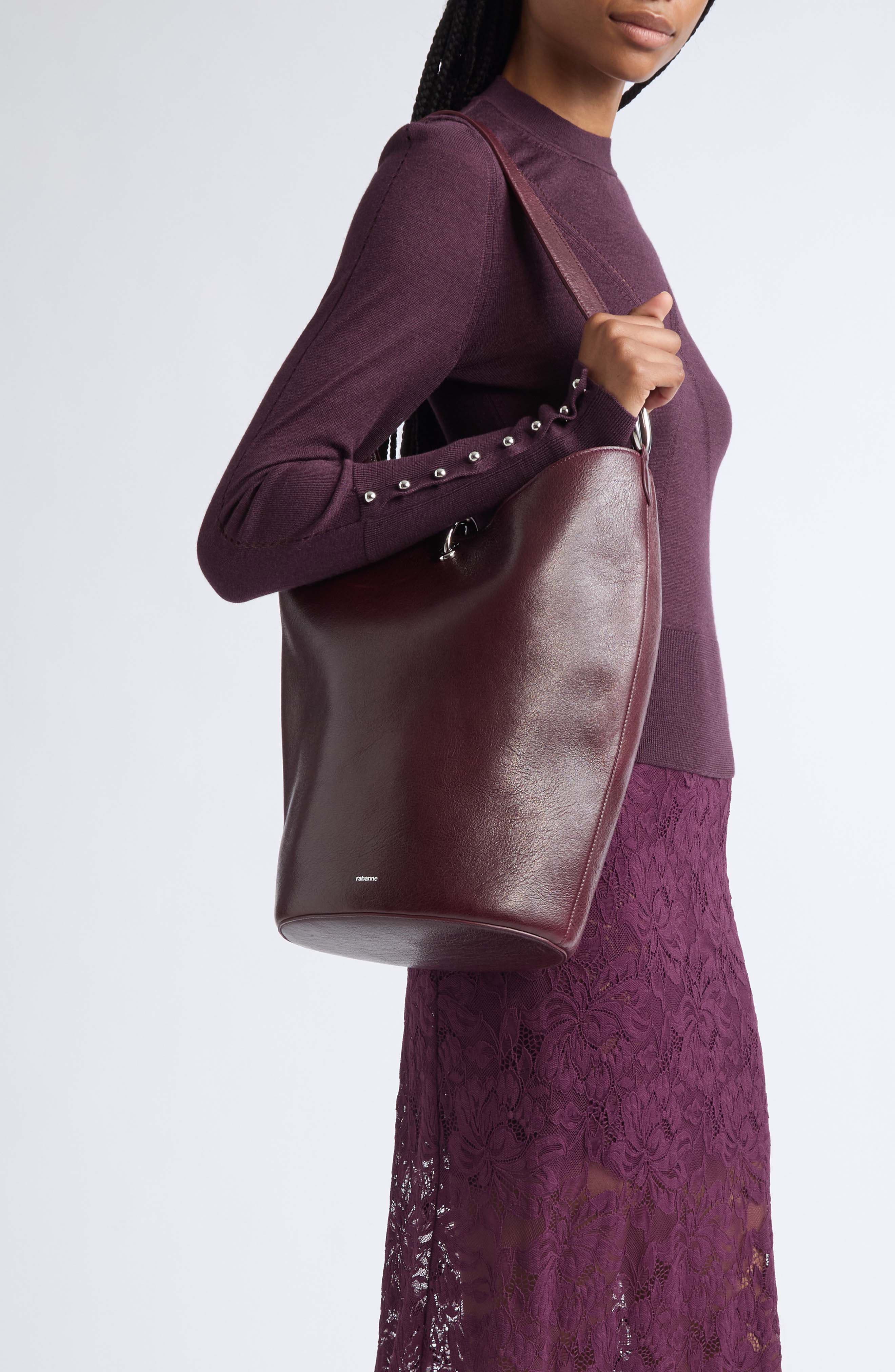 Ring Textured Leather Tote, Alternate, color, DARK BROWN / SILVER