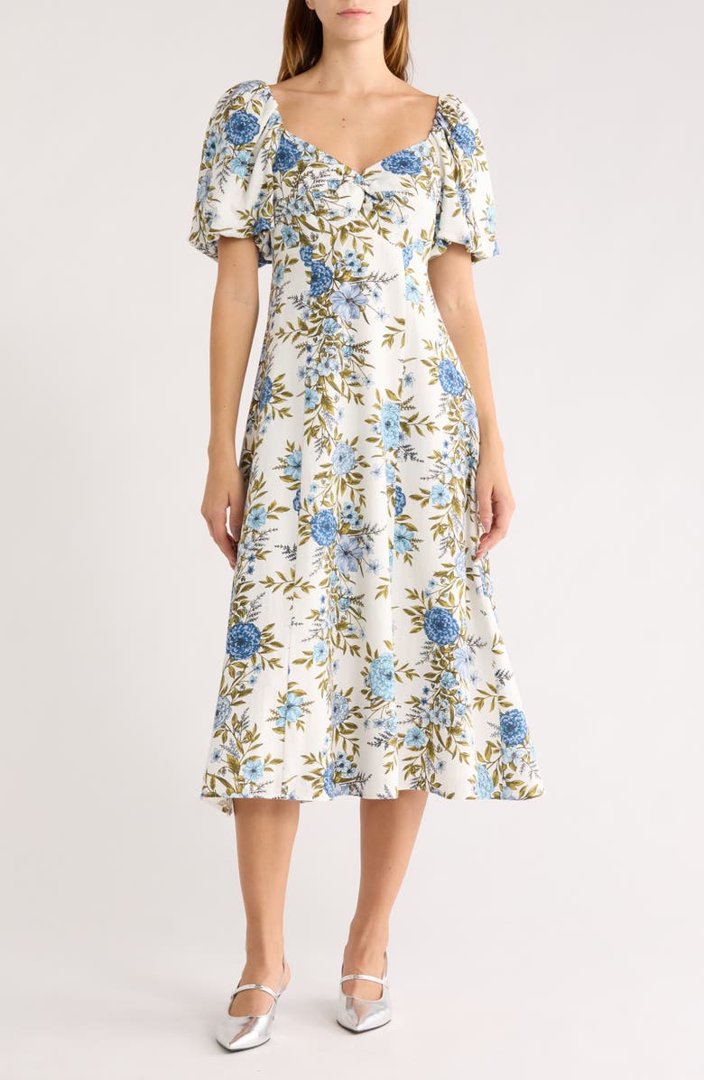 Avec Les Filles Twist Bodice Midi Dress, Main, color, Blue Garden Trellis