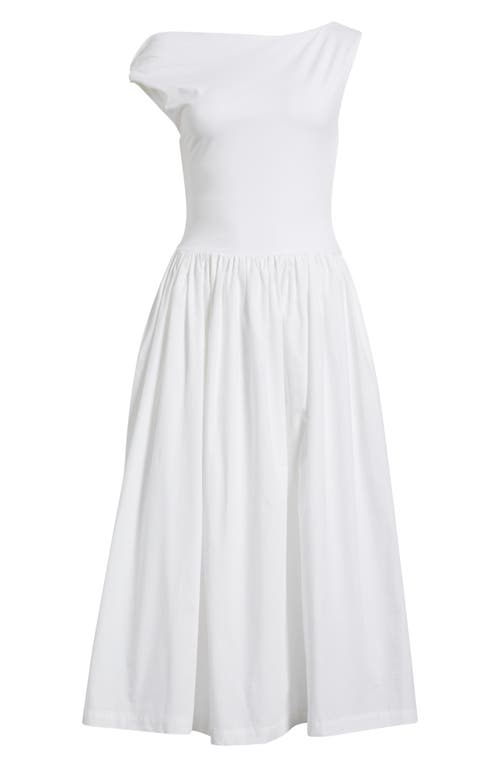 En Saison Mixed Media Asymmetric Neck Midi Dress In White