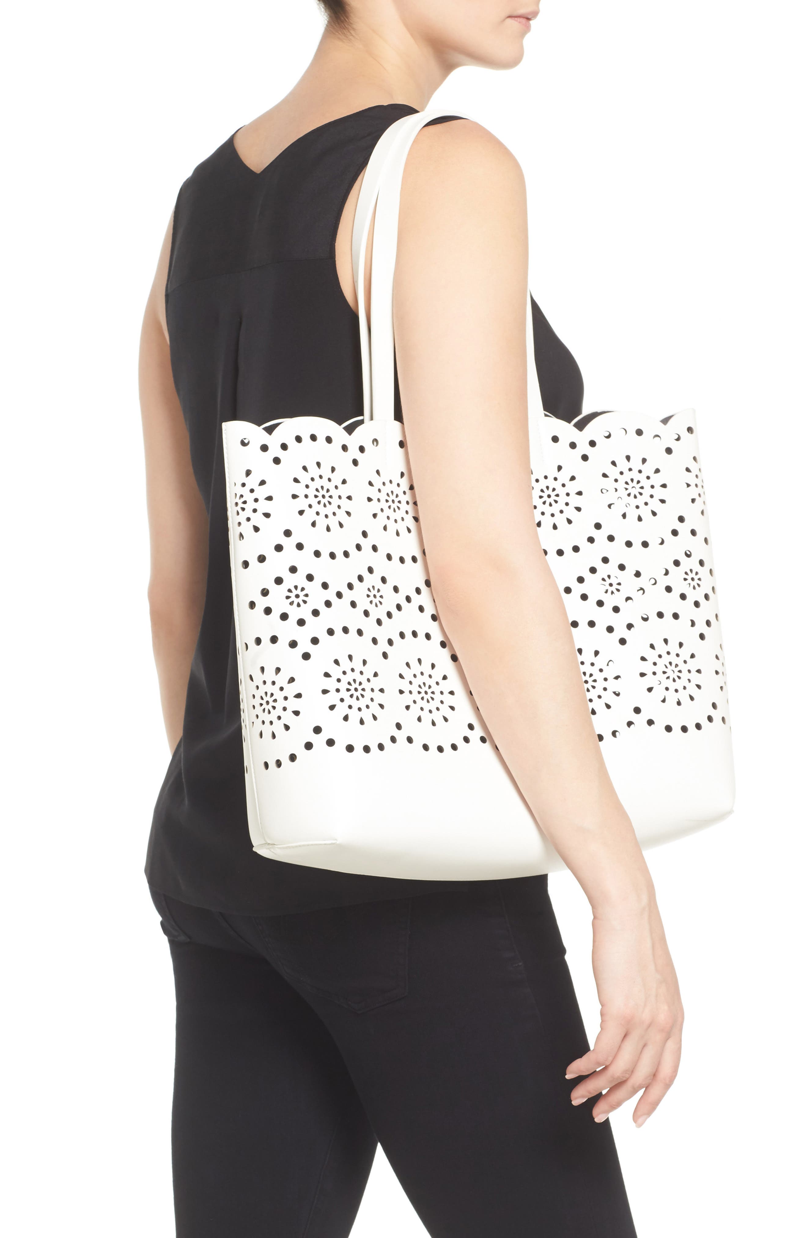 Lily Scallop Faux Leather Tote, Alternate, color, WHITE SNOW