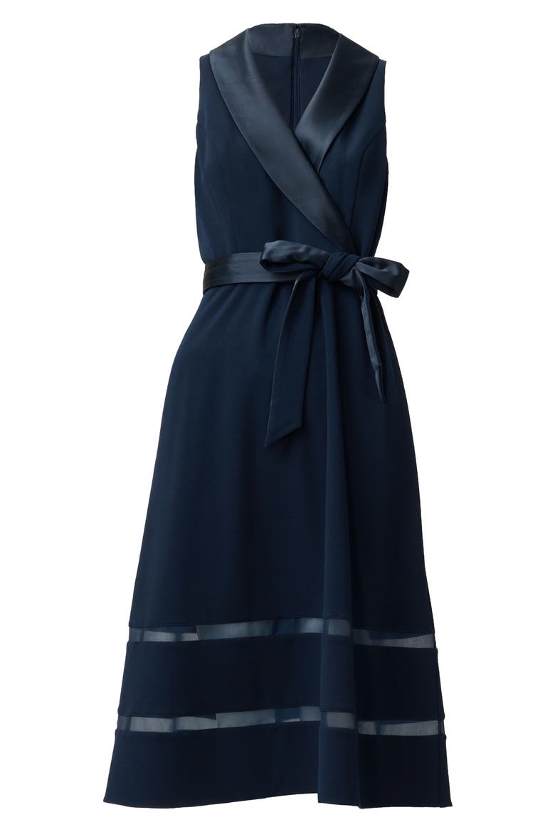 Satin Trim Crepe Midi Tuxedo Dress, Alternate, color, MIDNIGHT