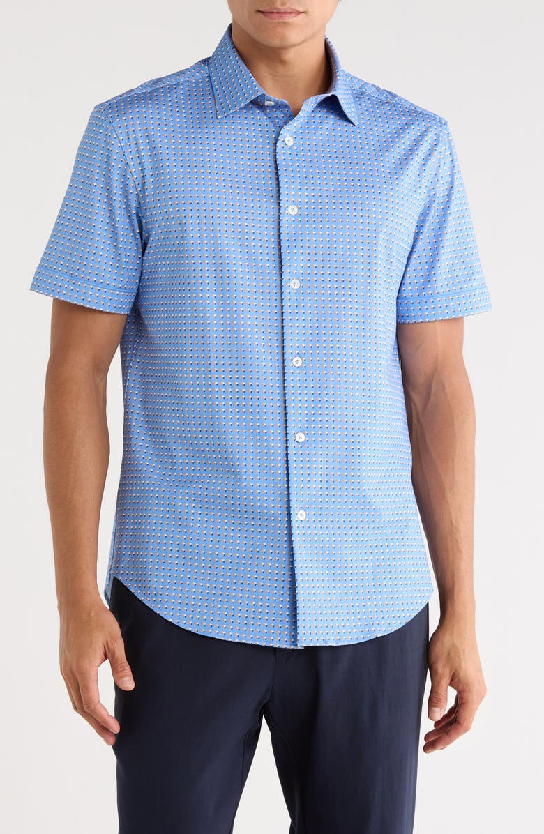 Bugatchi Miles OoohCotton<sup>®</sup> Abstract Print Short Sleeve Button-Up Shirt, Main, color, Azure