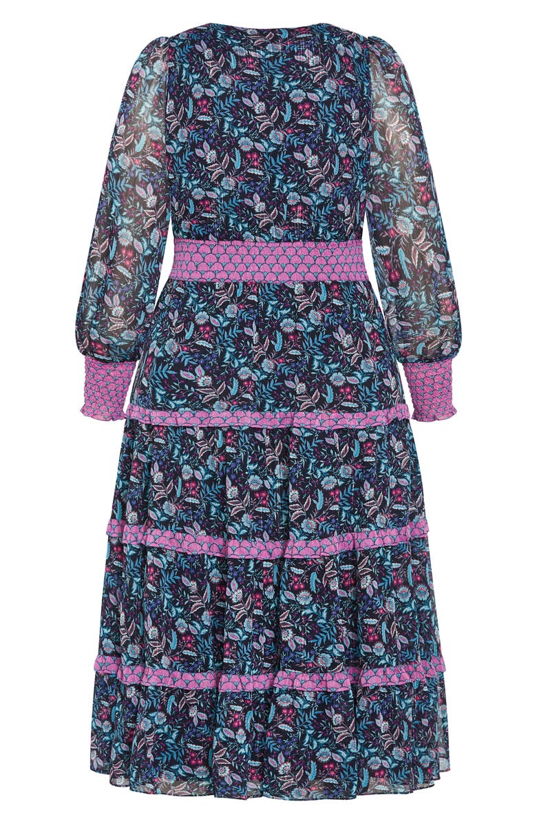 City Chic Ailani Floral Tiered Midi Dress, Alternate, color, Purple Floral