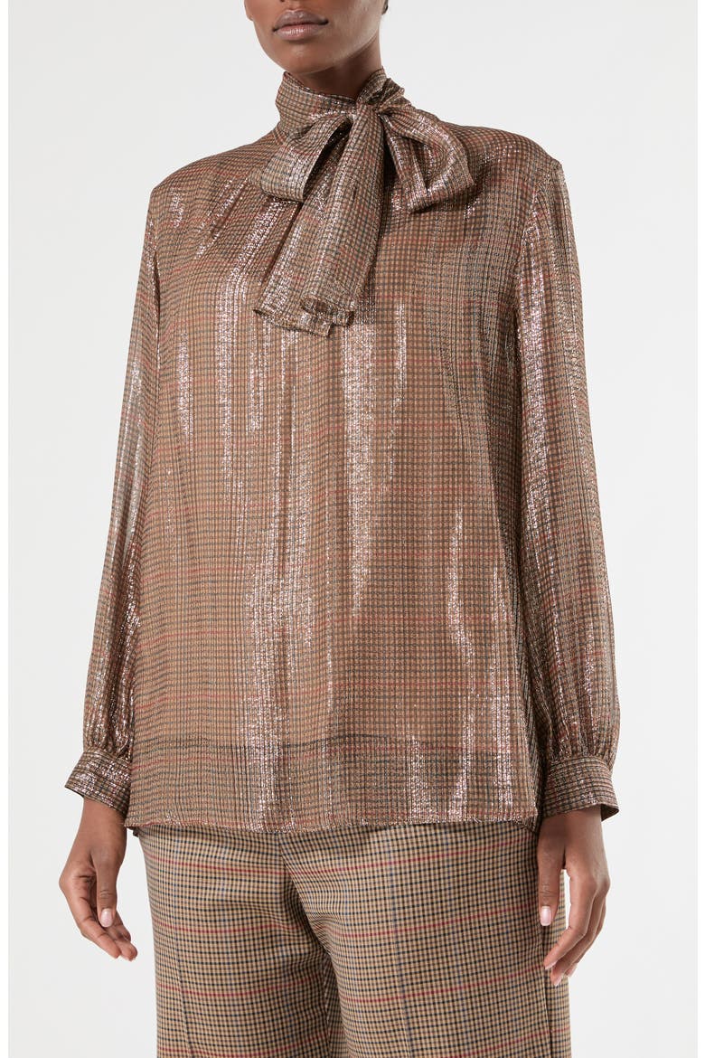 Silk Blend Metallic Tie Neck Shirt, Main, color, GOLD CAMEL