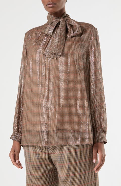 Silk Blend Metallic Tie Neck Shirt