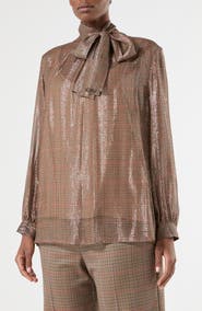 Marina Rinaldi Silk Blend Metallic Tie Neck Shirt