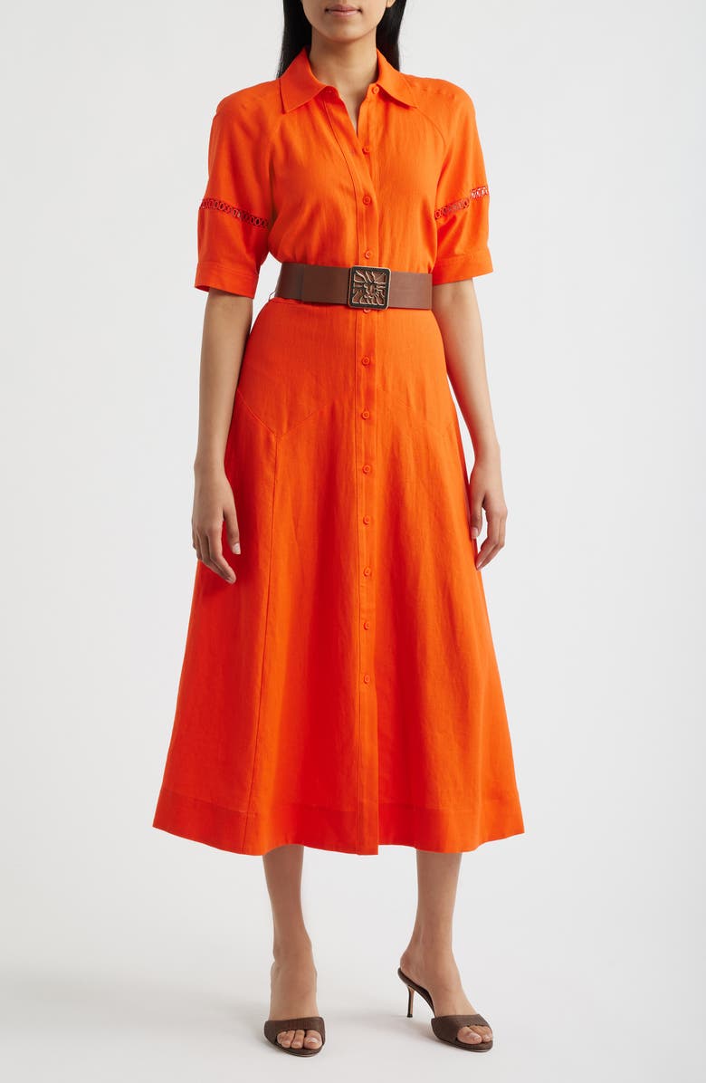 Anne Klein Belted Linen Blend Shirtdress, Main, color, Carrot