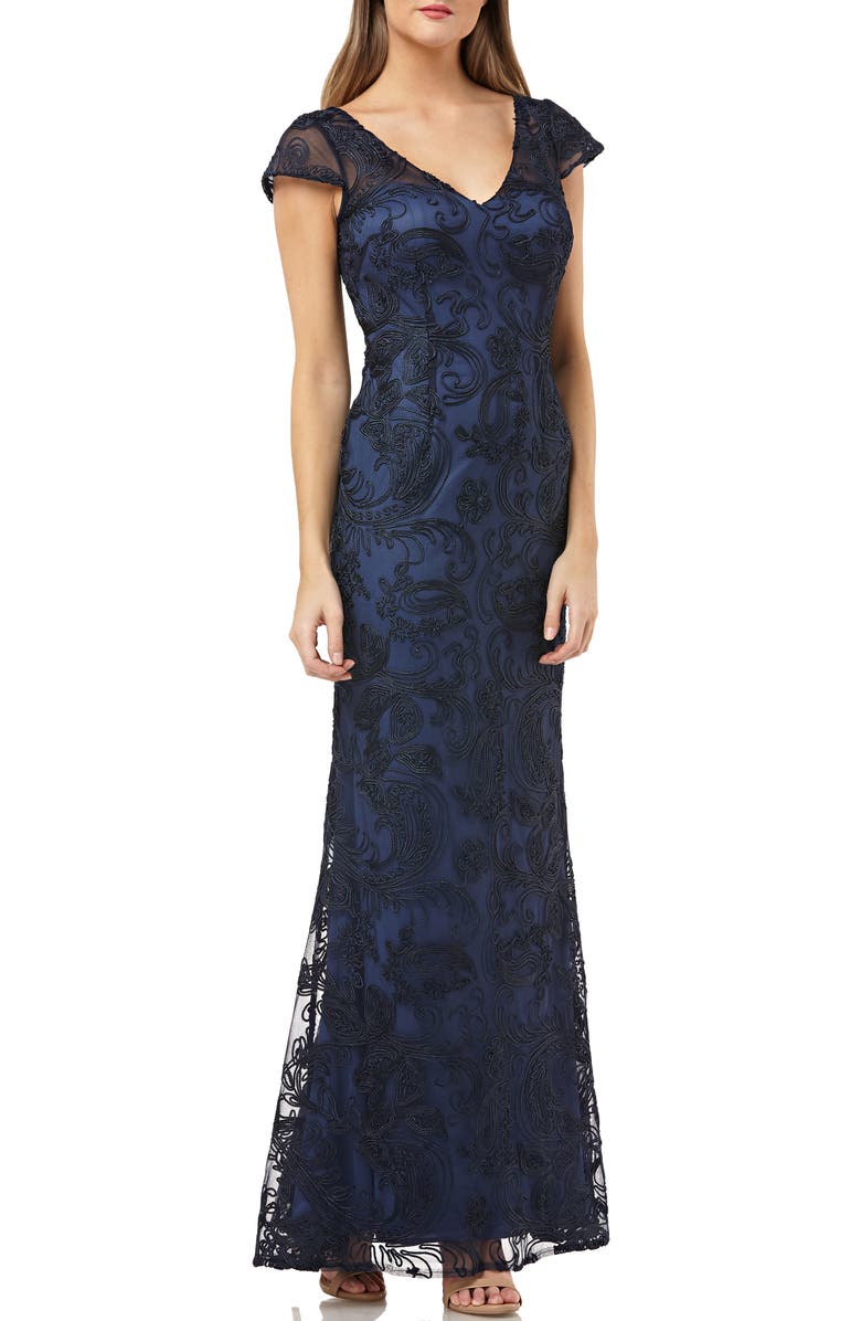 JS Collections Soutache Embroidered V-Neck Trumpet Gown, Main, color,