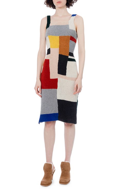 Brickwork Colorblock Merino Wool Blend Sweater Dress